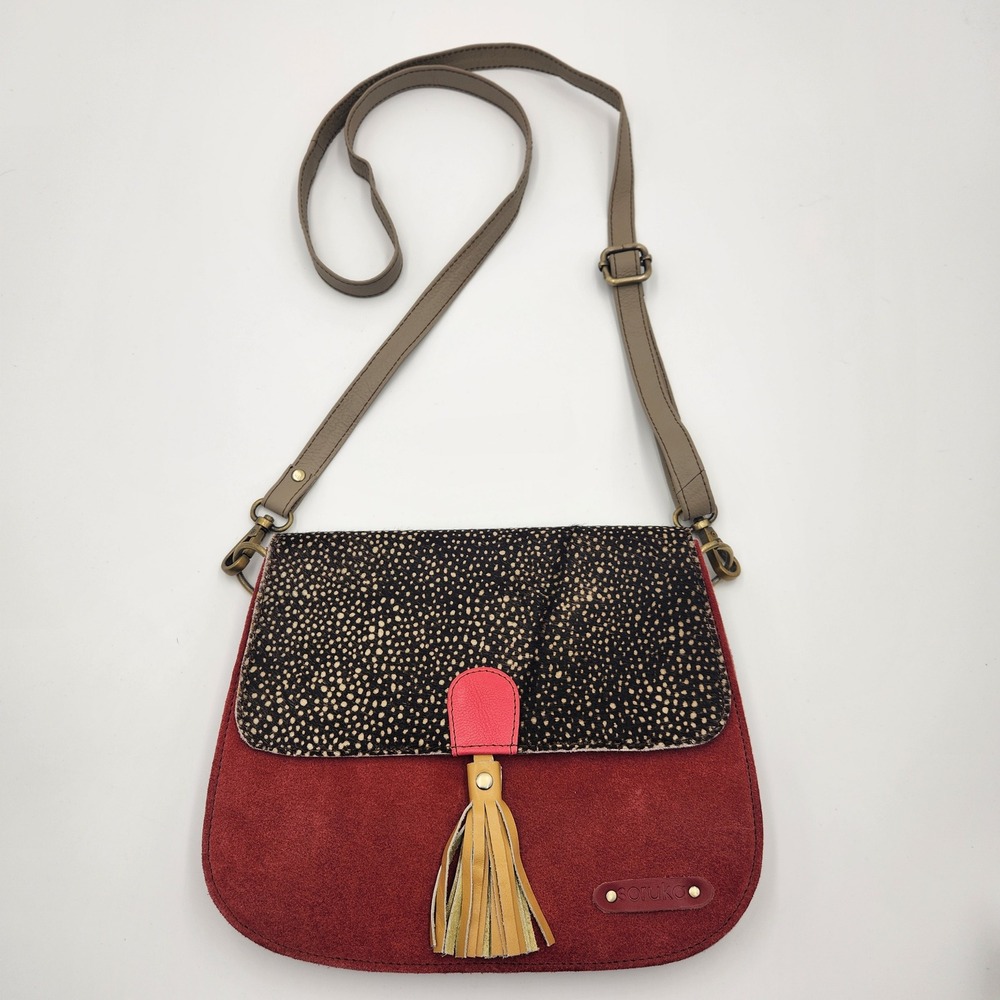 Soruka Recycled Leather Crossbody Bag Red Suede Animal Print Hair-on-Hide Tassel